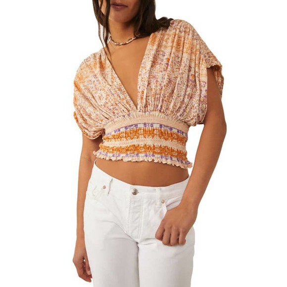 Free People Ivory Combo Smocked Elastic V-Neck Blouse NWT Size XS - Picture 1 of 8